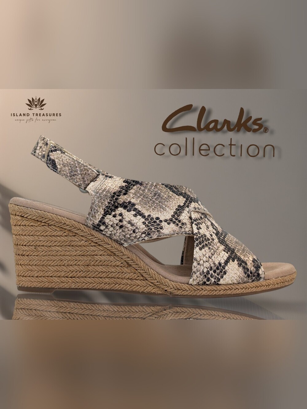 Clarks Collection Lafley Alaine Sz 9W Taupe Snake Print Espadrille Wedge Sandal